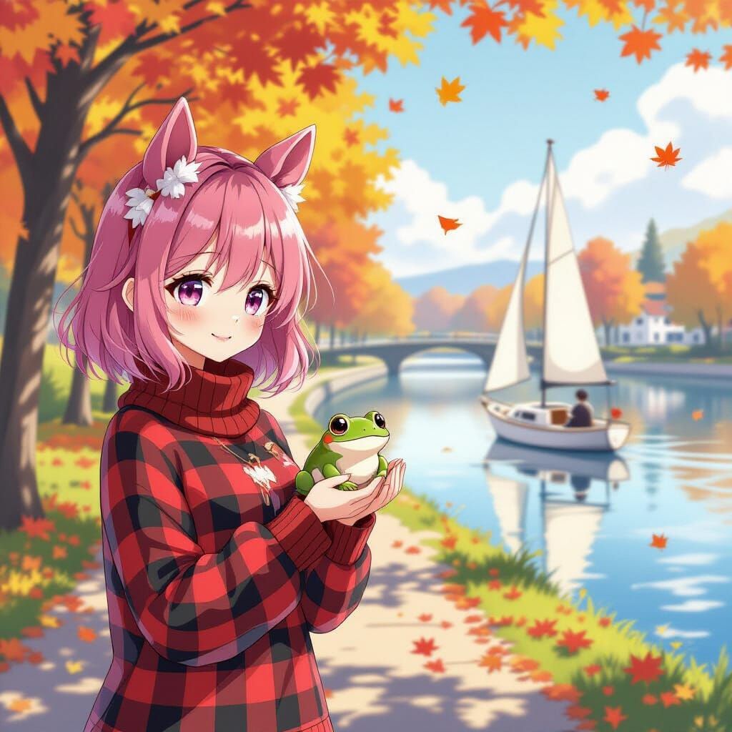 Anime Girl with Pink Hair and Horse Ears on Autumn Morning W...