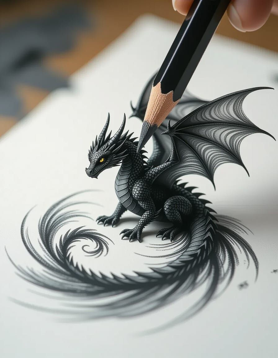 Dragon Born from Pencil Lines in Macro View