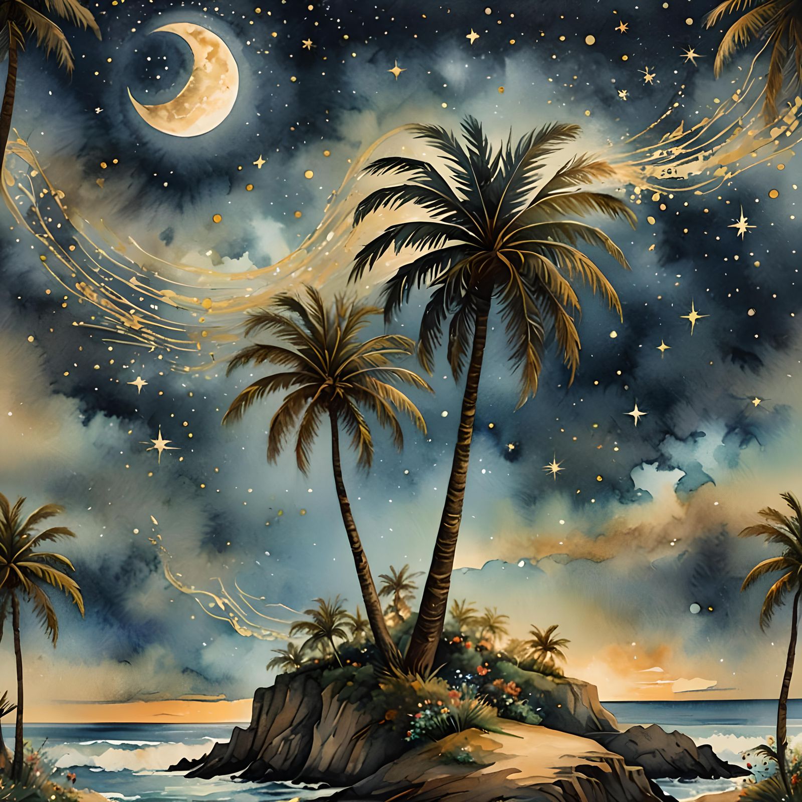 Palm trees under the stars