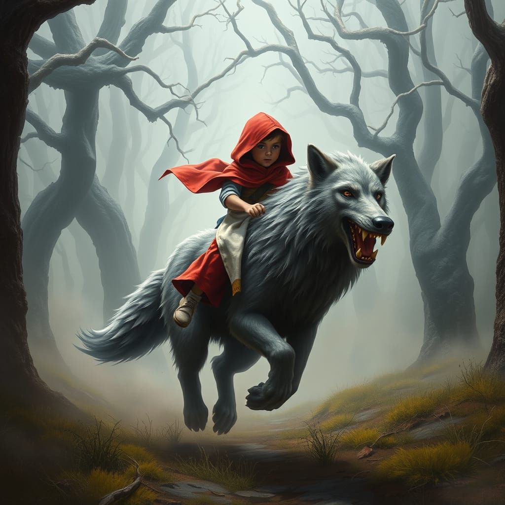Mystical Boy and Wolf Duo Ride Through Foggy Forest in High-...