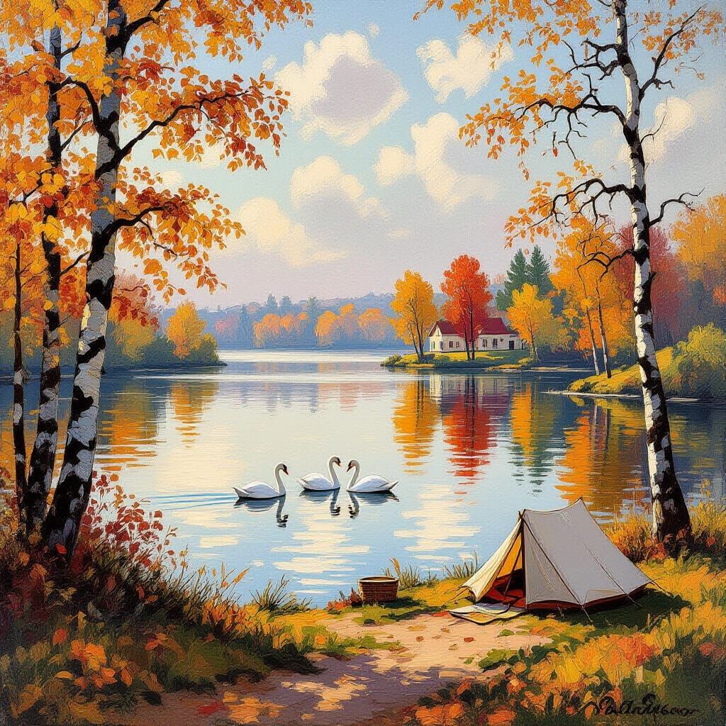 Autumn Lake with Swans in Impressionist Style