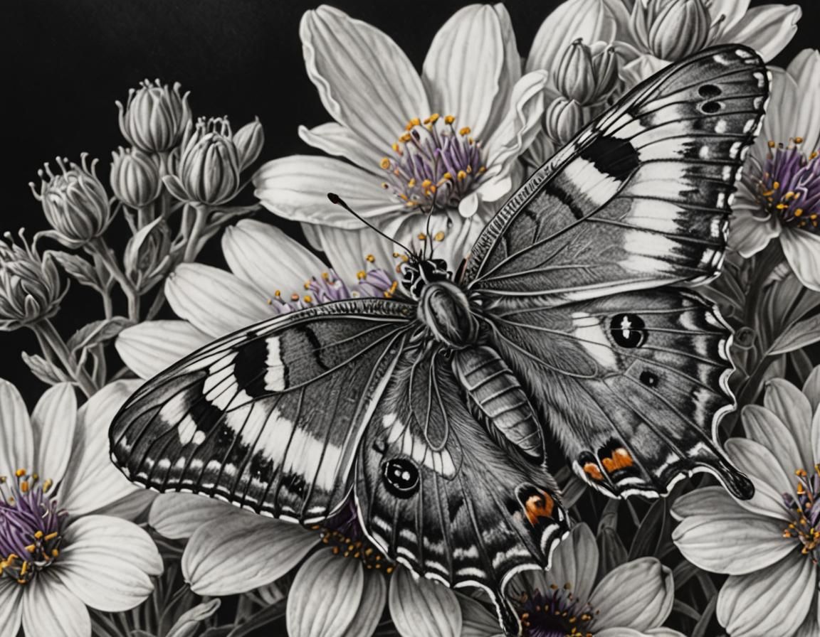 Hyperrealistic Butterfly and Flower Charcoal Drawing