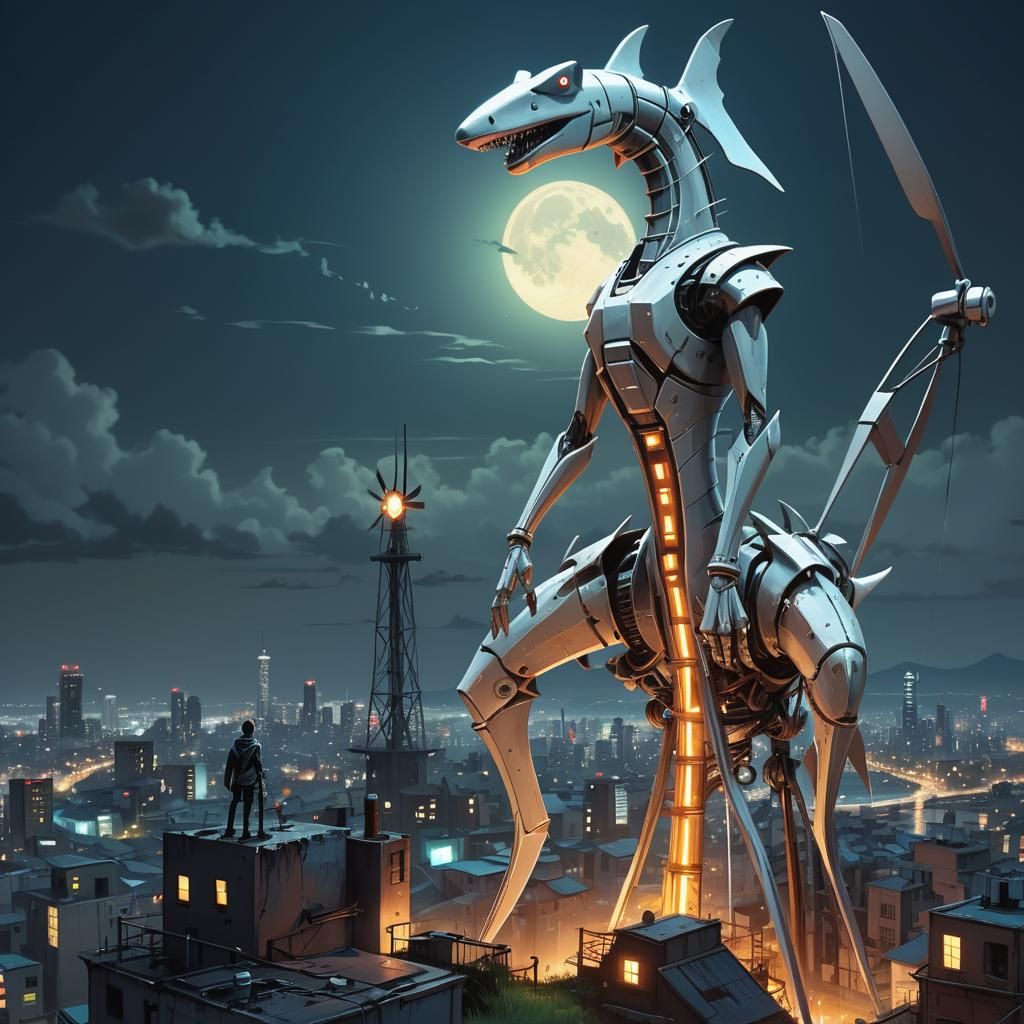 Cybernetic Shark Windmill Overlooking Dystopian City