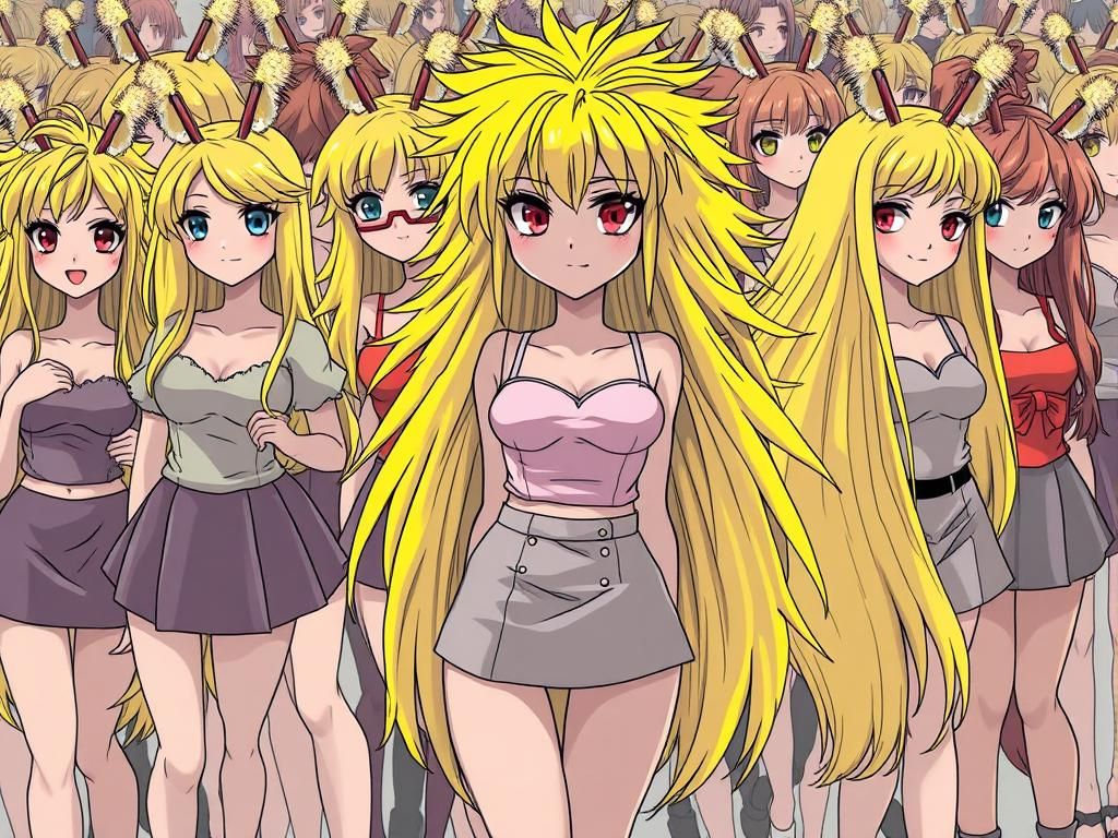 Anime Style Crowd of Beautiful Women with Yellow Hair