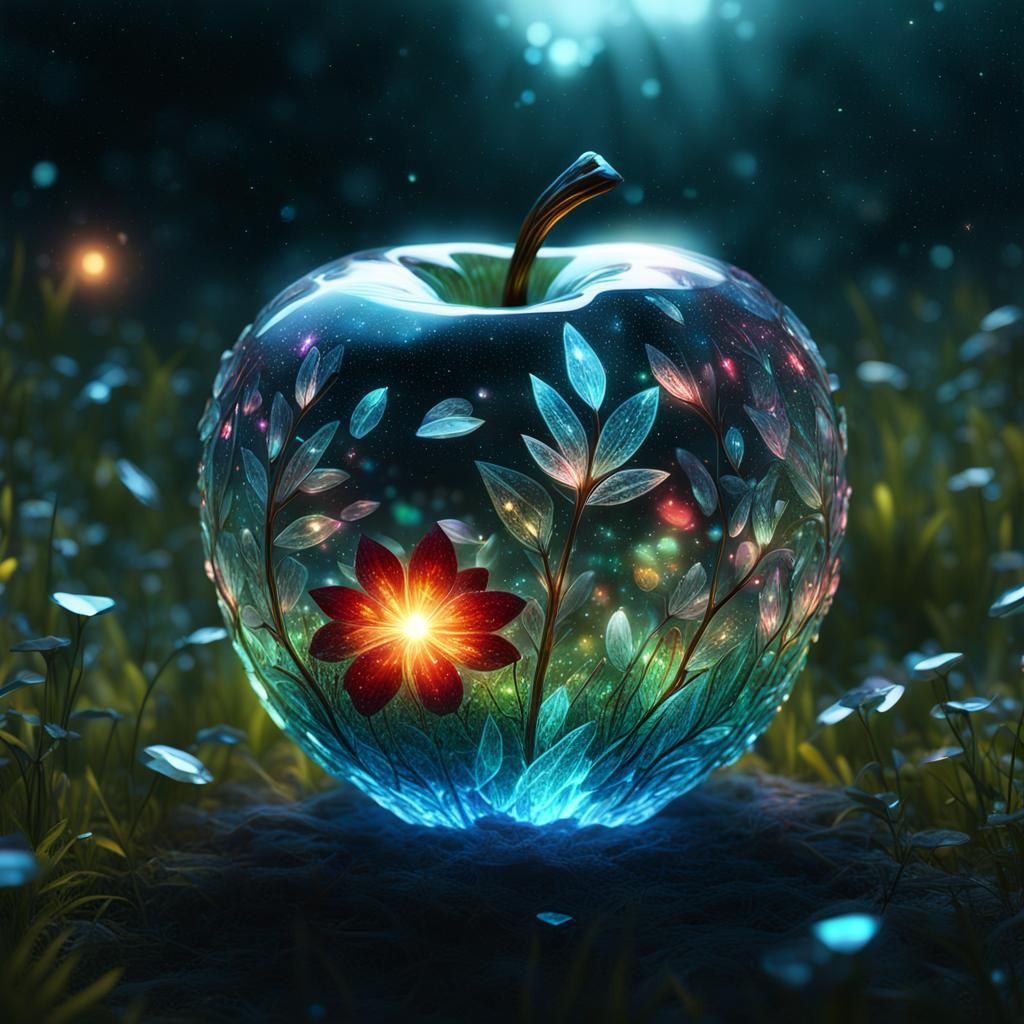 shiny glowing crystal glass apple made of shining glowing st...
