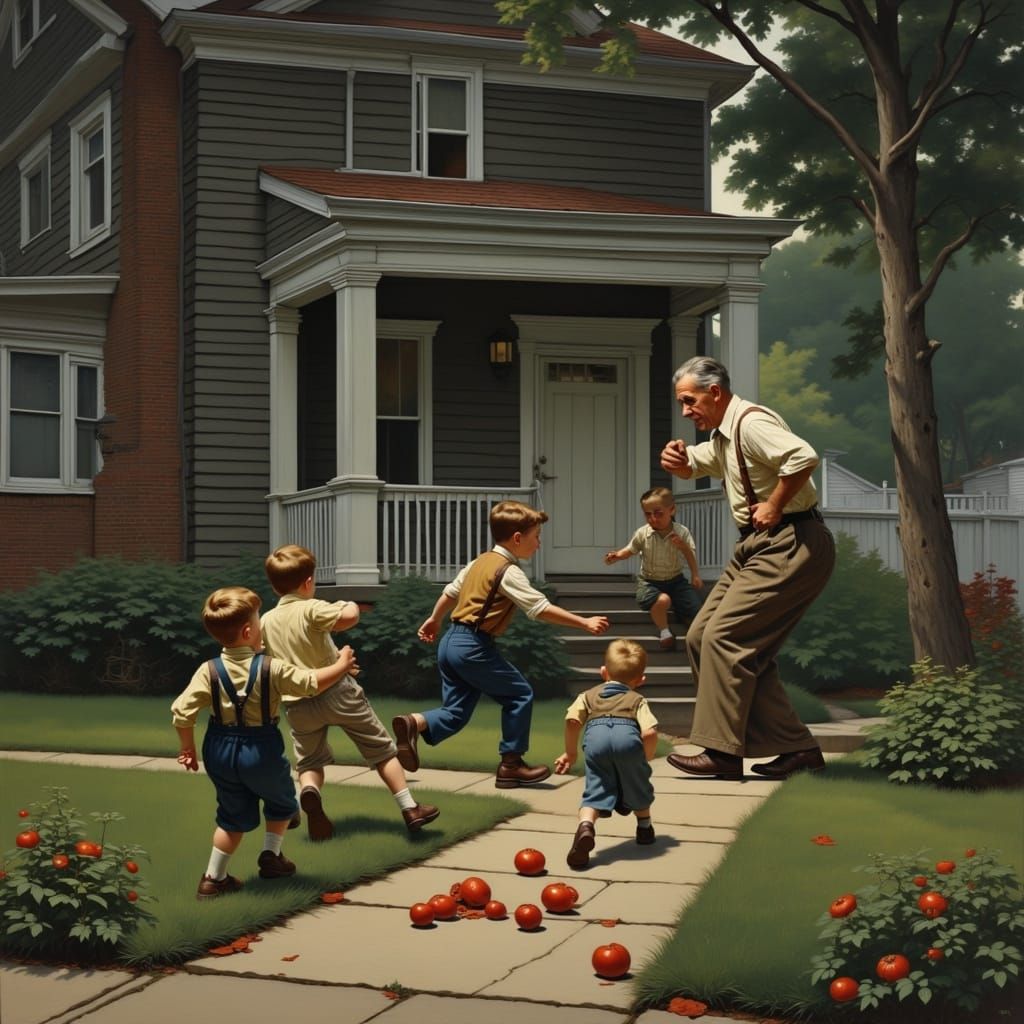 Boys Fleeing Tomato Theft in 1940s Gritty Realism
