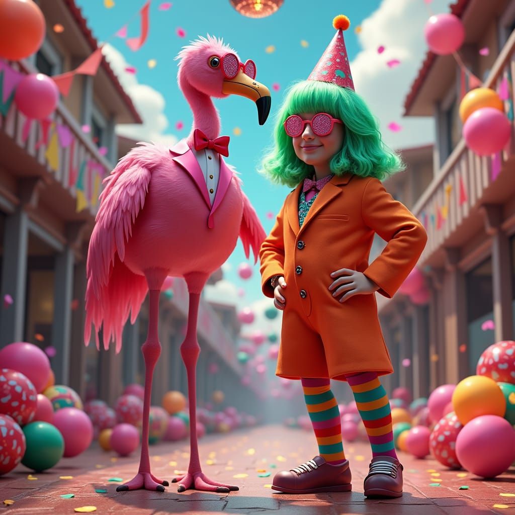 Flamingo and Human at a Surreal Party
