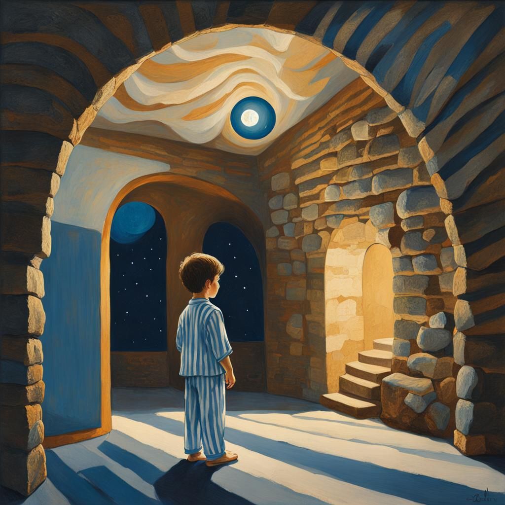 Surreal artistic illustration of a little boy dressed in blue and white striped pajamas.