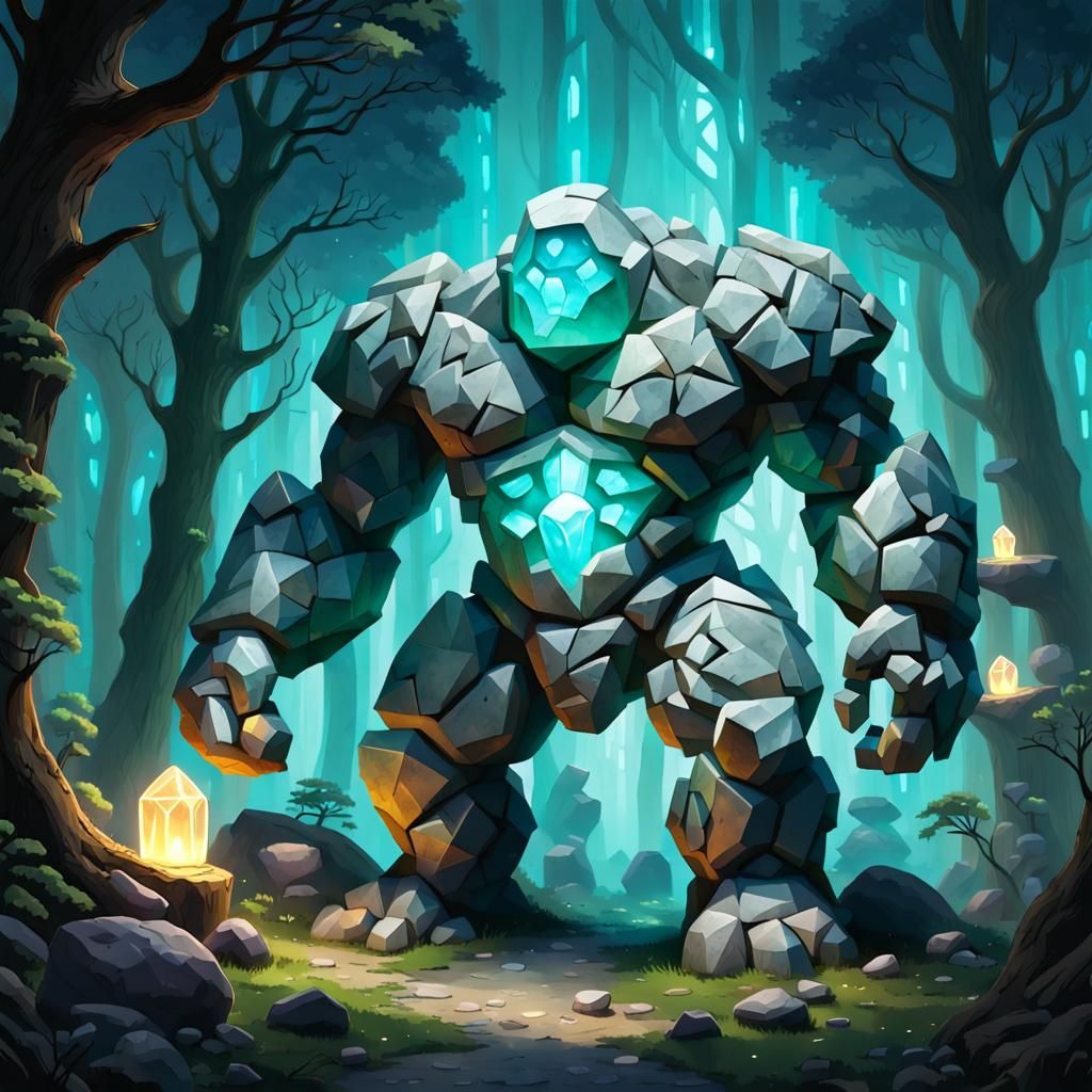 Crystal and Stone Golem in Magical Forest