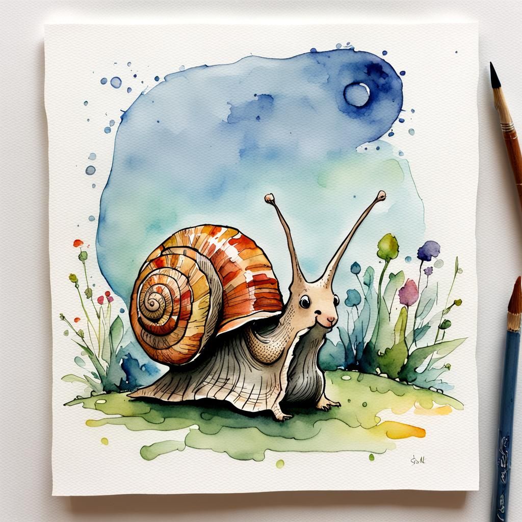 chibi snail illustration by Quentin Blake, Shel Silverstein, watercolor, portrait