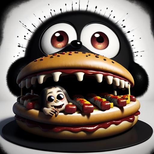 Creepy Surreal Fuzzy Blob Eats Hotdog