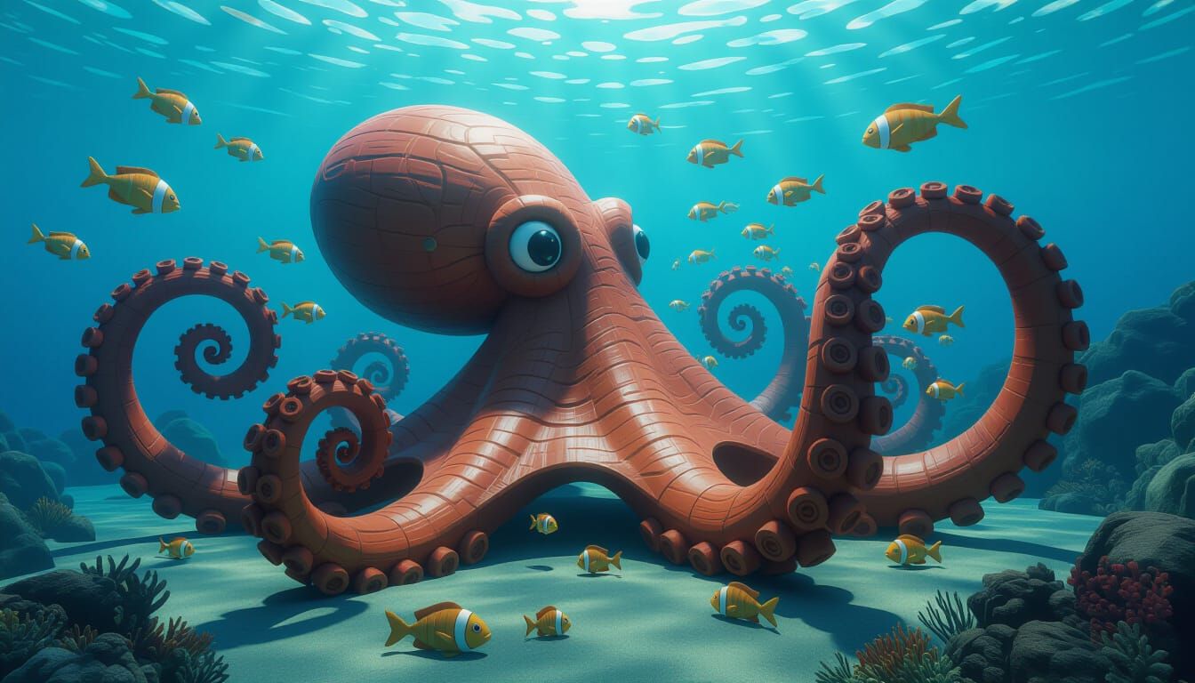 Underwater Wooden Octopus Figurine in 3D Style