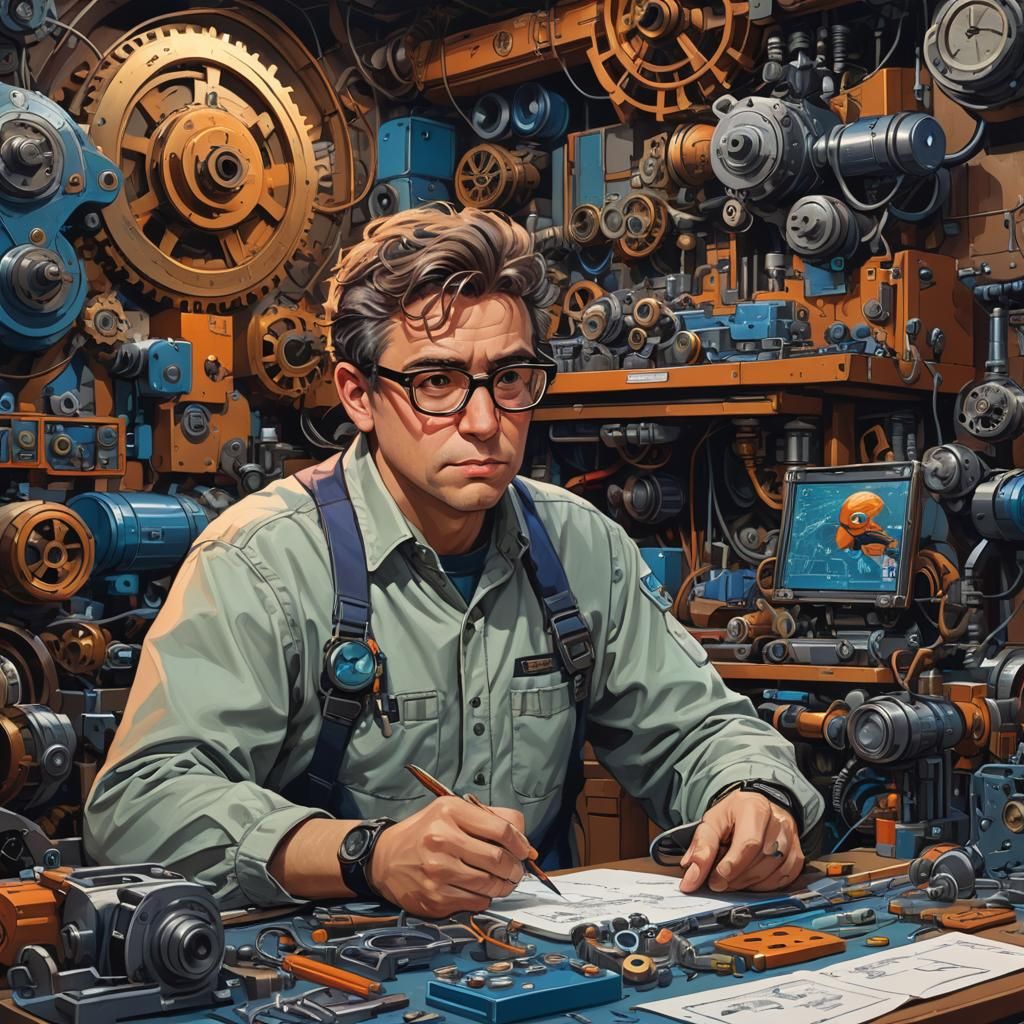 Nerd Bird at Workbench in Futuristic Style