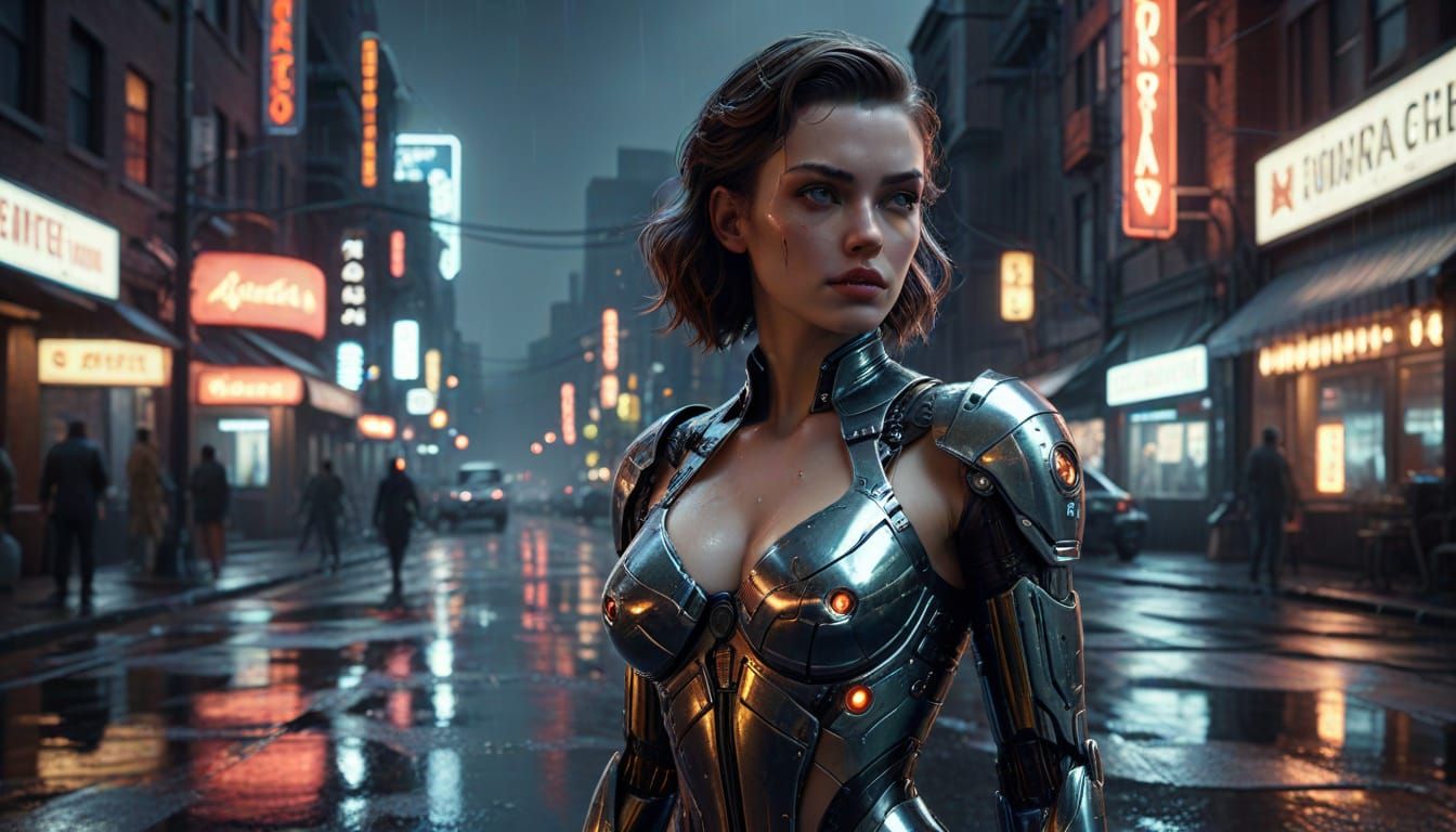 Cyberpunk Android Pinup in Sci-Fi Cityscape