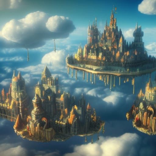 Magical Cloud City with Card Castles: Surreal 3D Render