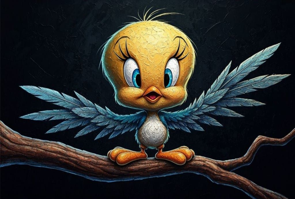 Tweety Bird Impasto Oil Painting on Branch