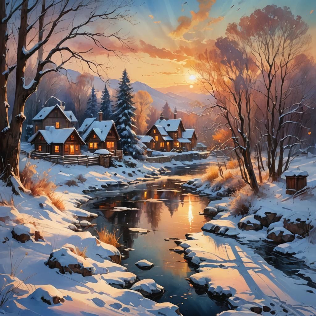 Winterscape Sunset Digital Watercolor Illustration