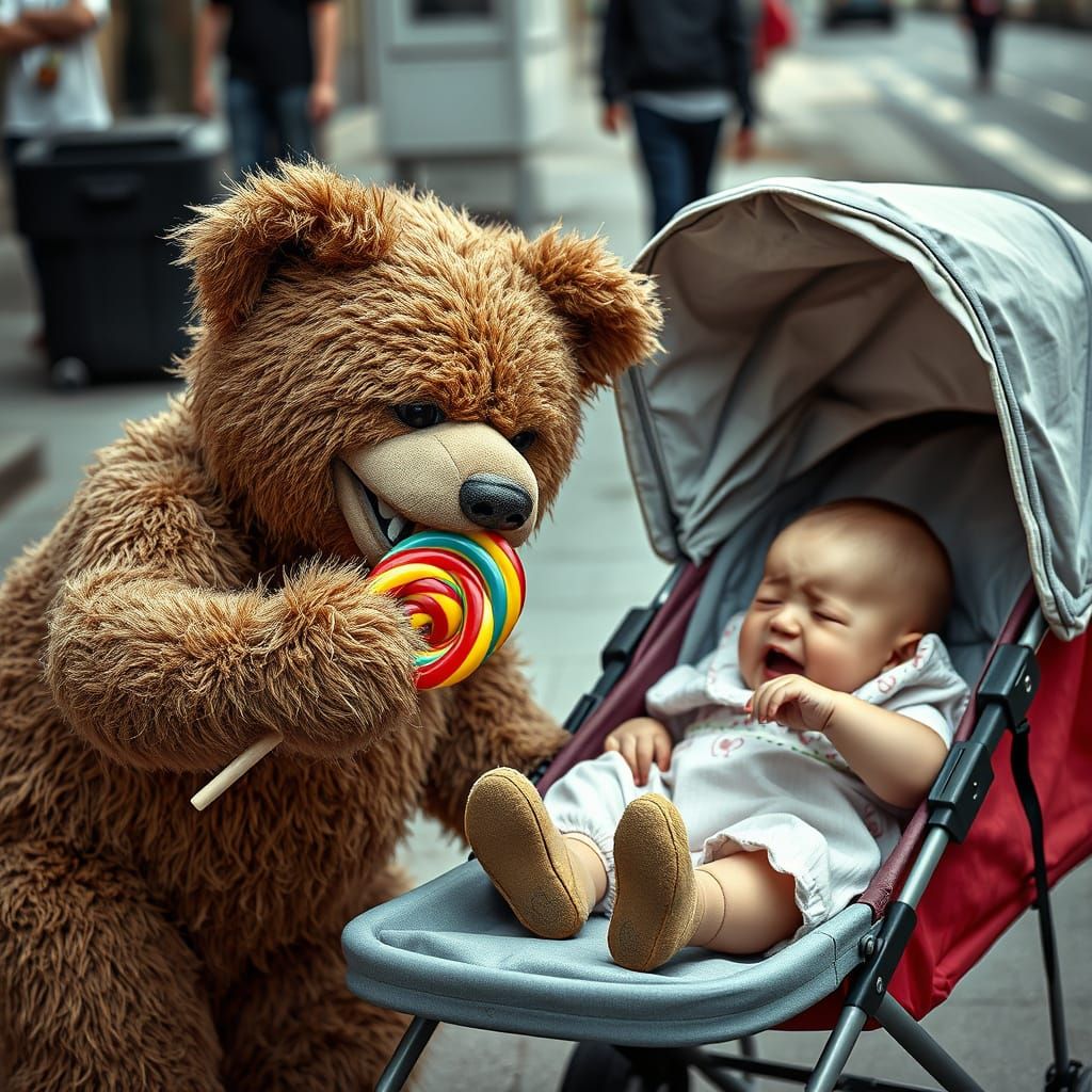 Teddy Bear Steals Lollipop from Crying Baby