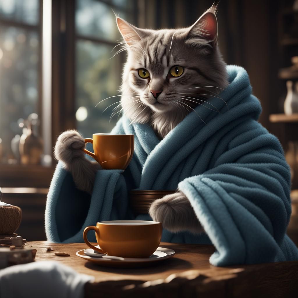 Cat in Bathrobe Enjoying Coffee: Detailed Matte Painting