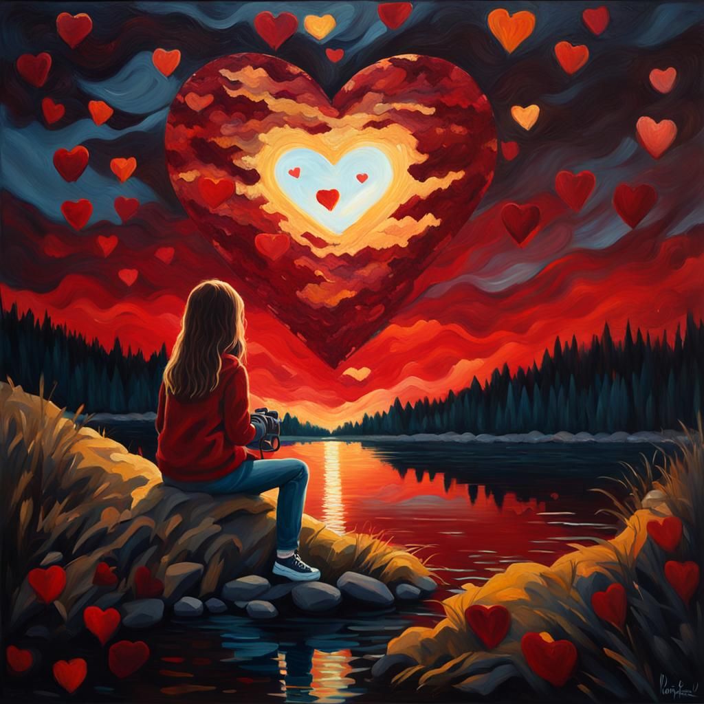 Girl Captures Heart Sky: Impressionist Oil Painting
