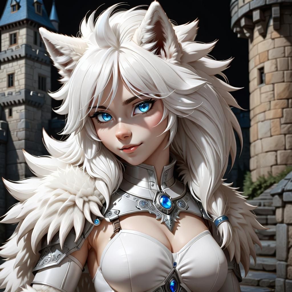 Anime-Style White Wolf Anthro with Blue Eyes