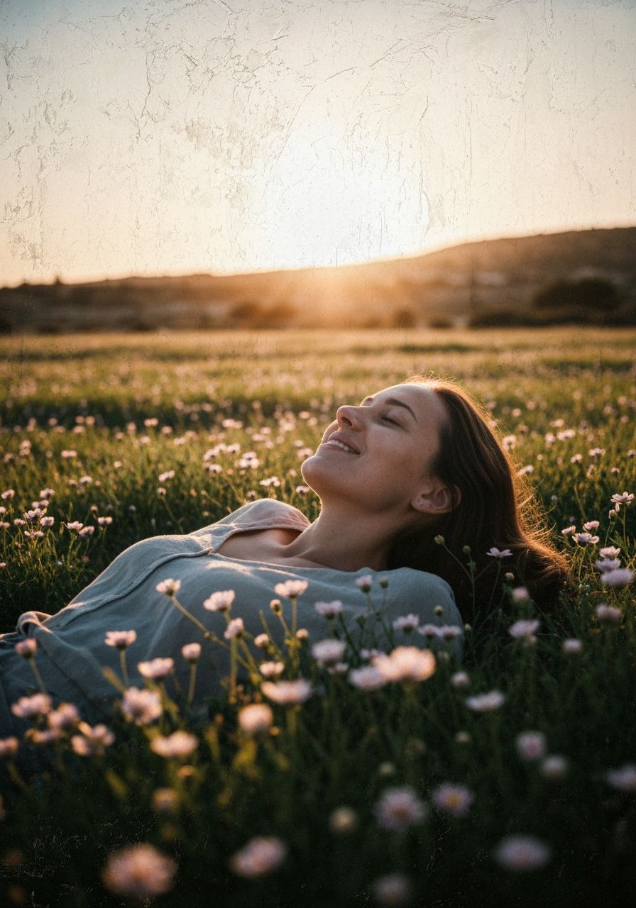 Woman Smiling in Cyprus Flower Field Under Dramatic Sun