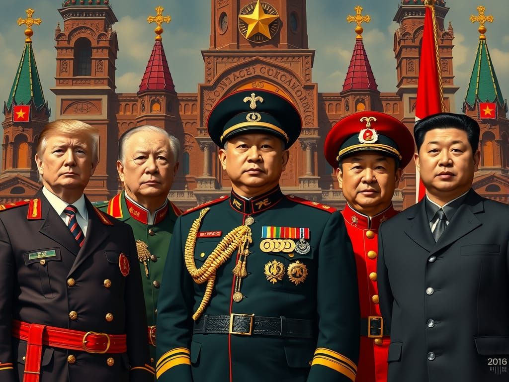 Trump, Putin, Musk, Xi and Kim Jong Un standing together dressed in Russian unifrms