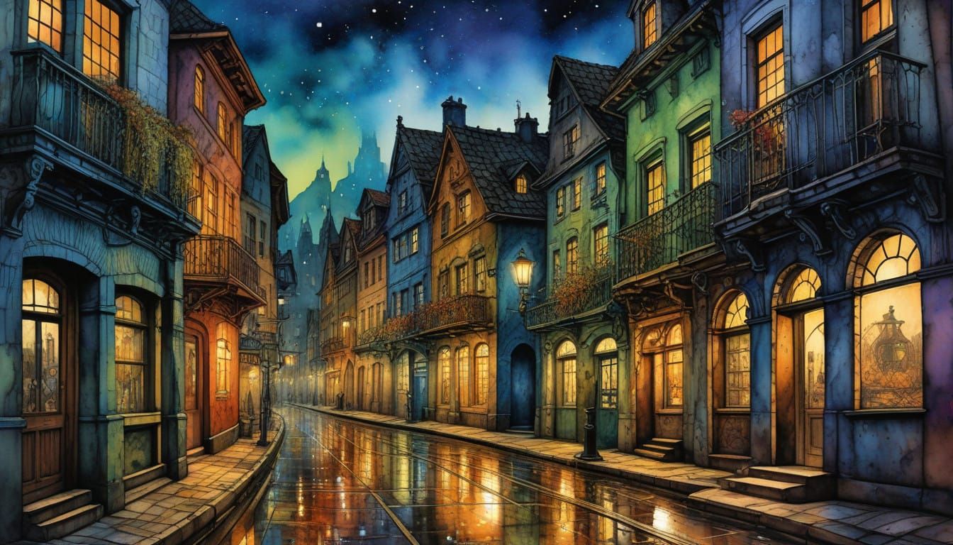 Moody Watercolor Illustration of a WWII Era German Night Str...