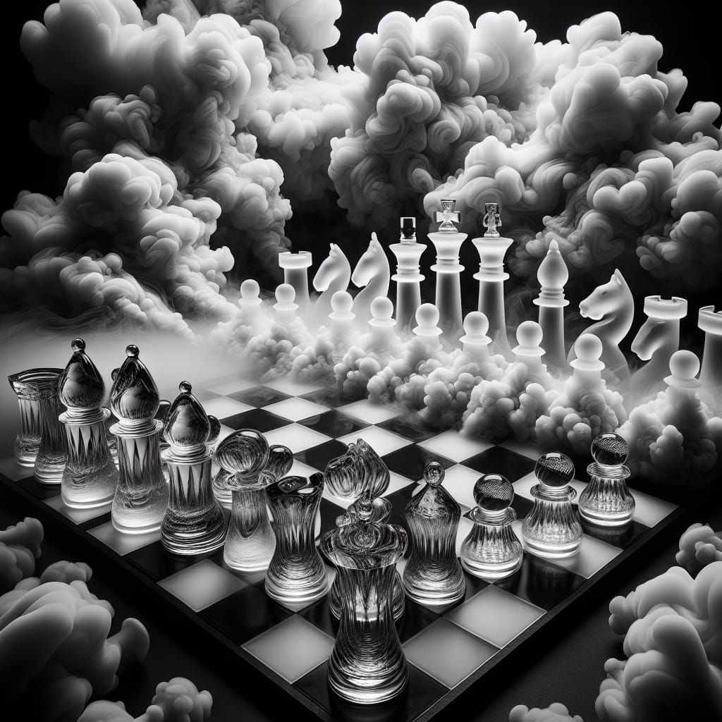 Monochrome Chessboard with Glass and Smoke Pieces