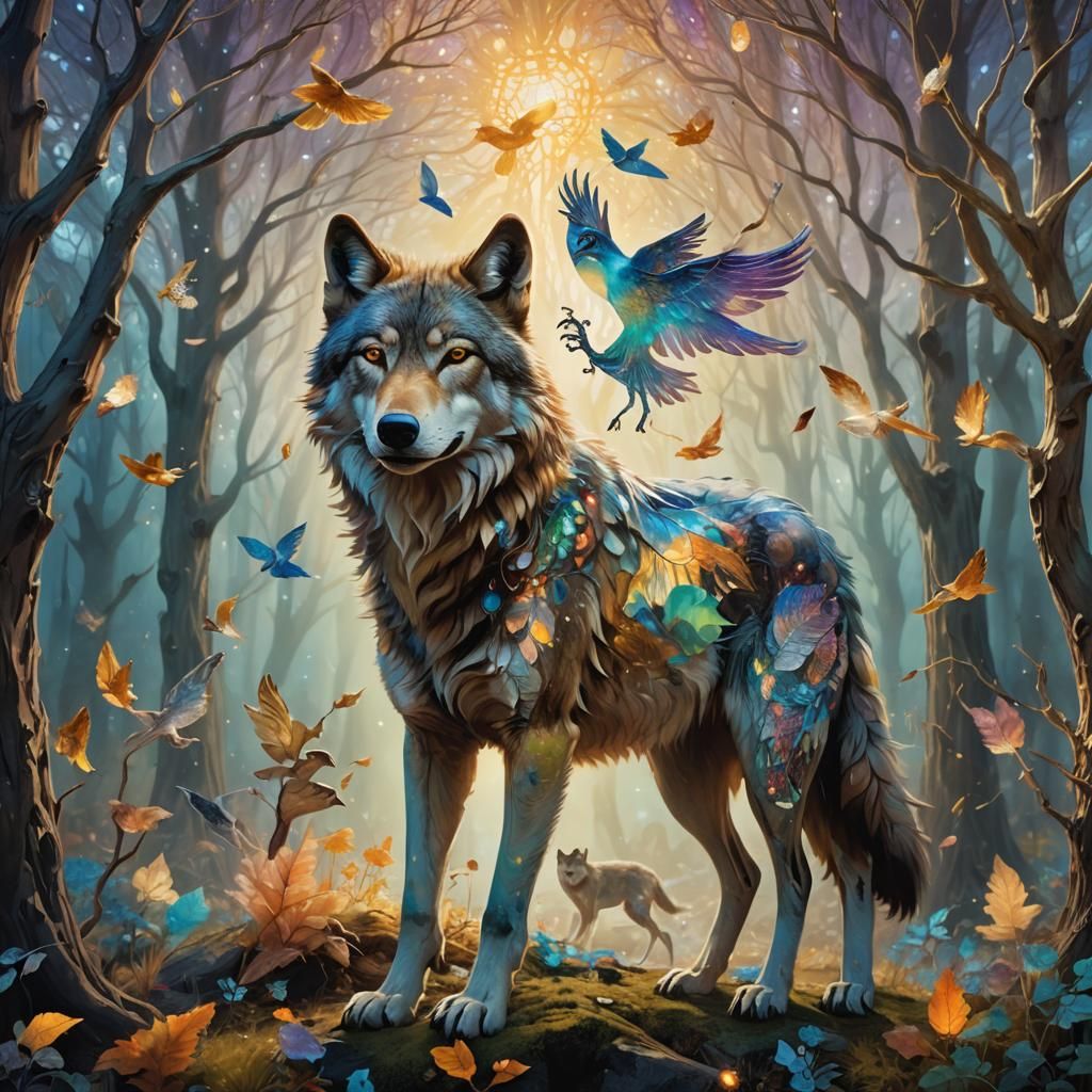 Surreal Wolf with Animals in Transparent Body