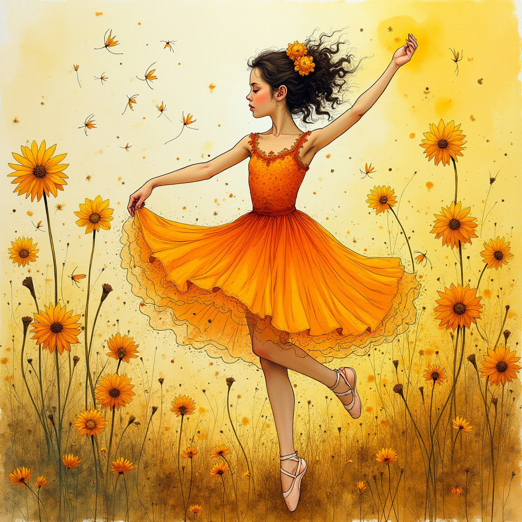 Ballerina Dancing Among Dandelions in Ink Splatter Art