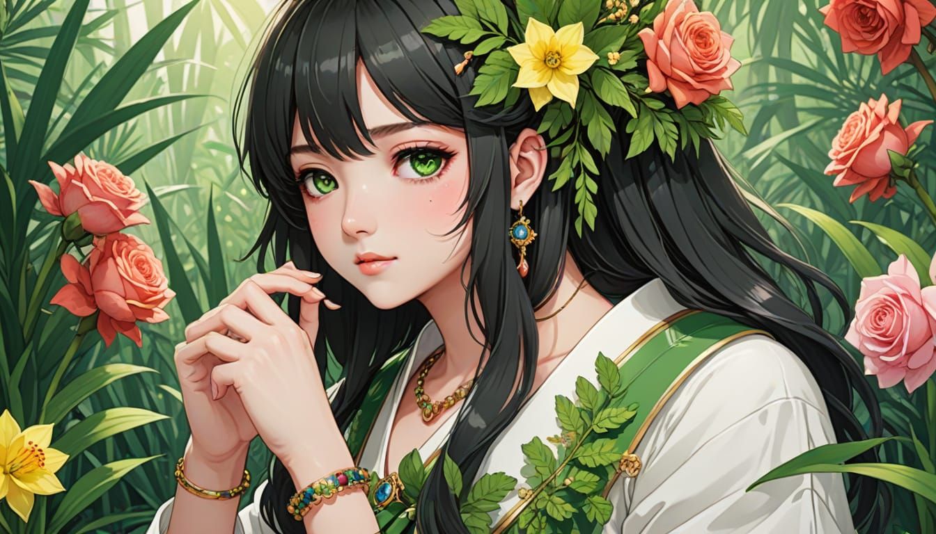 Manga-Inspired Portrait of a Young Woman with Floral Accents