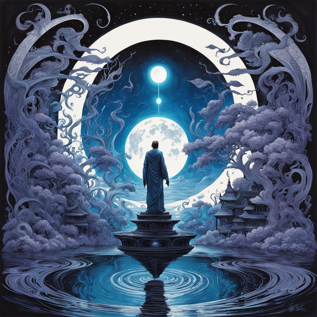 God of Dreams Rises from Moonlit Water in Cosmic Fantasy