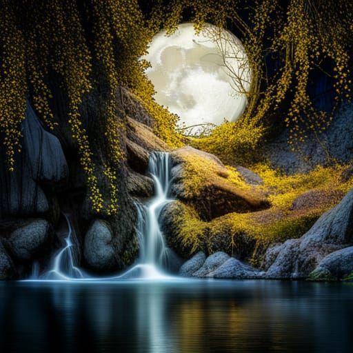 Golden Weeping Willow Reflected in Moonlit Lake