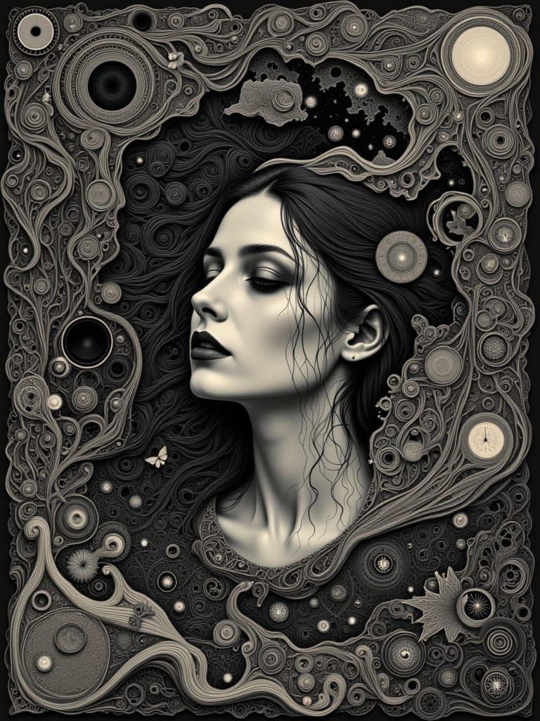 Gothic Woman in Swirling Surreal Dreamscape