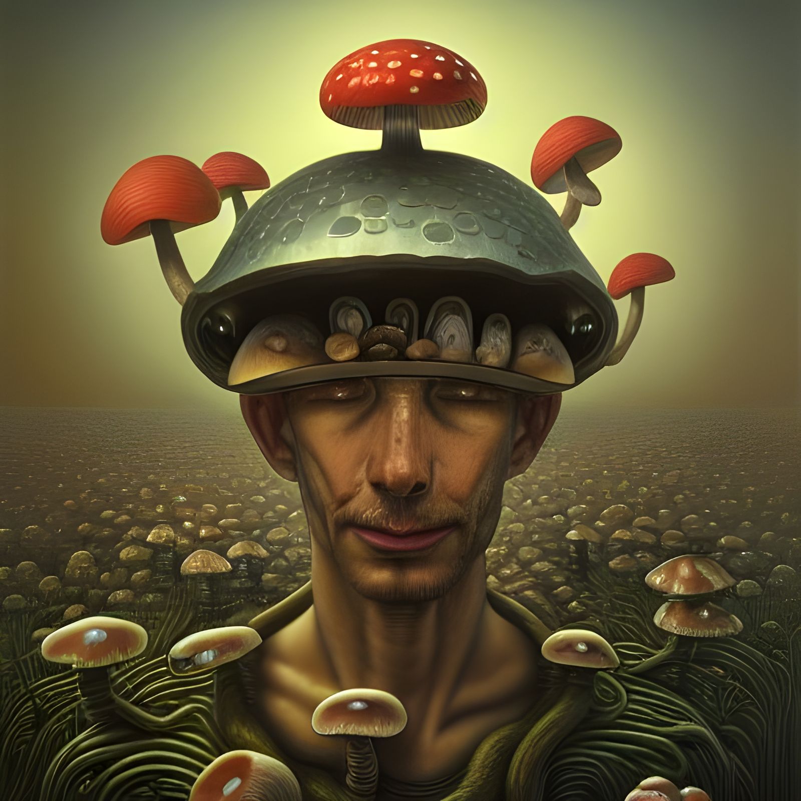Surreal Cyborg Portrait with Fungal Growth