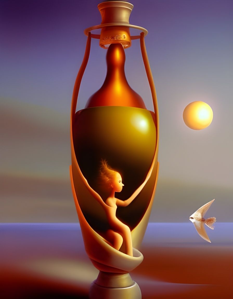 Fantastical Genie Emerges from Bottle in Dreamlike Landscape