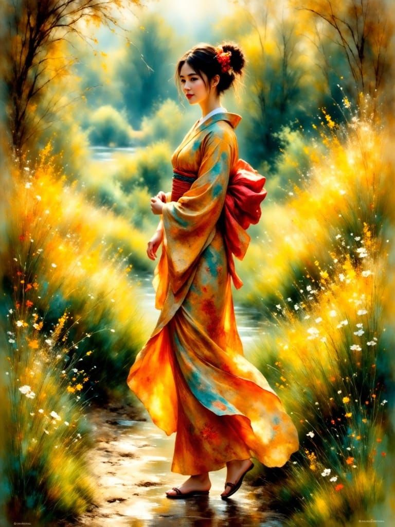 Japanese Woman in Impressionist Spring Garden