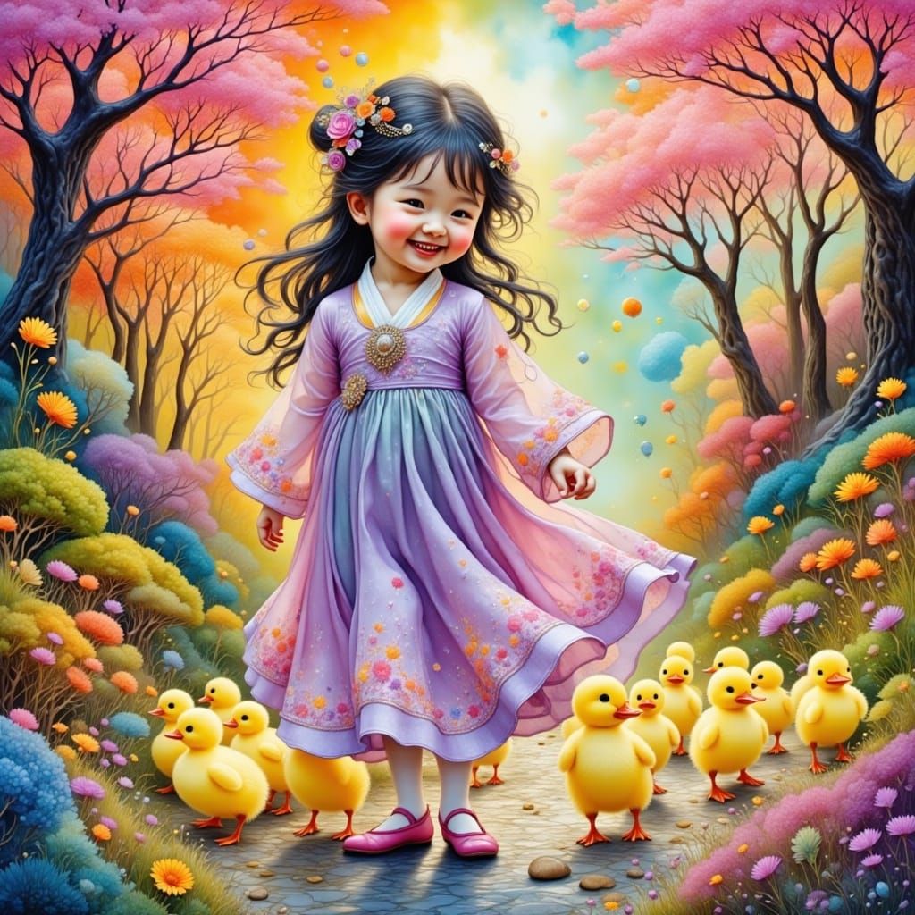 Whimsical Korean Child in Dreamlike Landscape