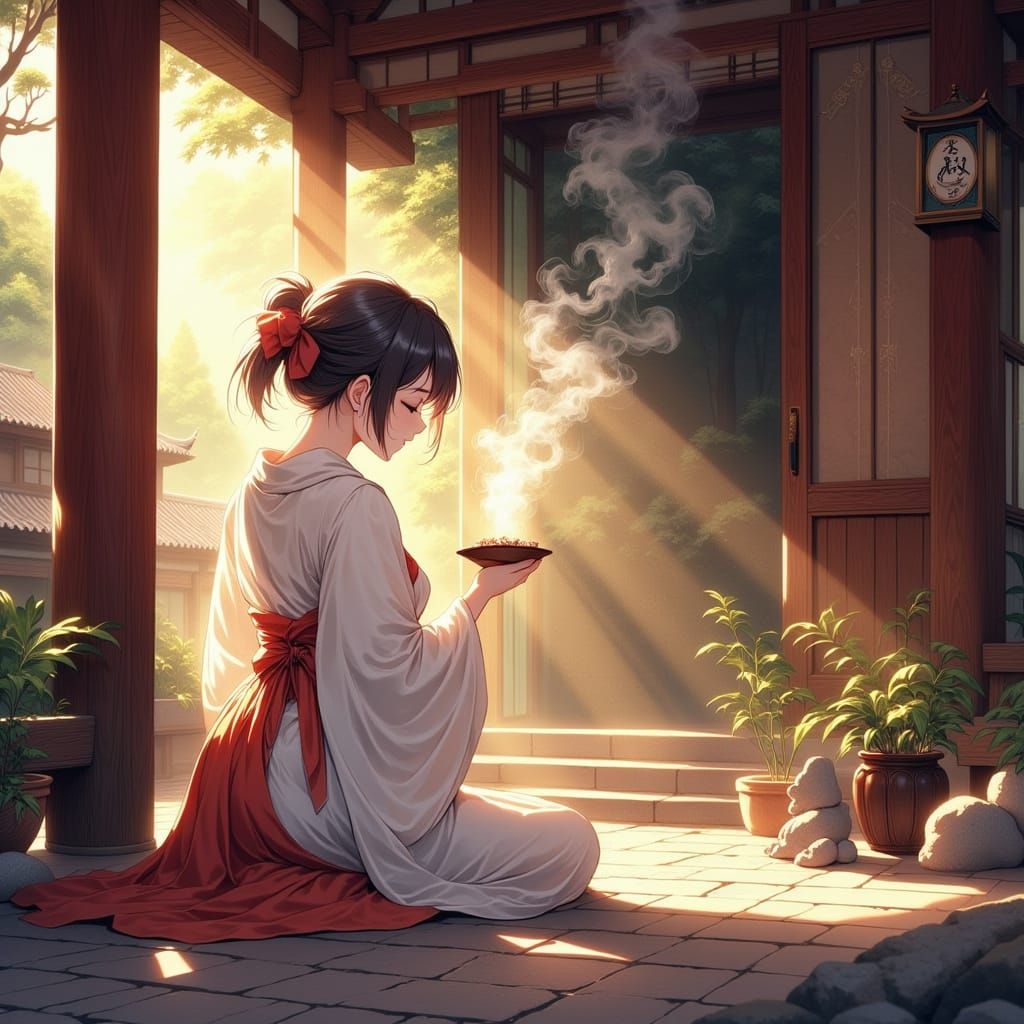 Serene Miko Priestess in Japanese Temple
