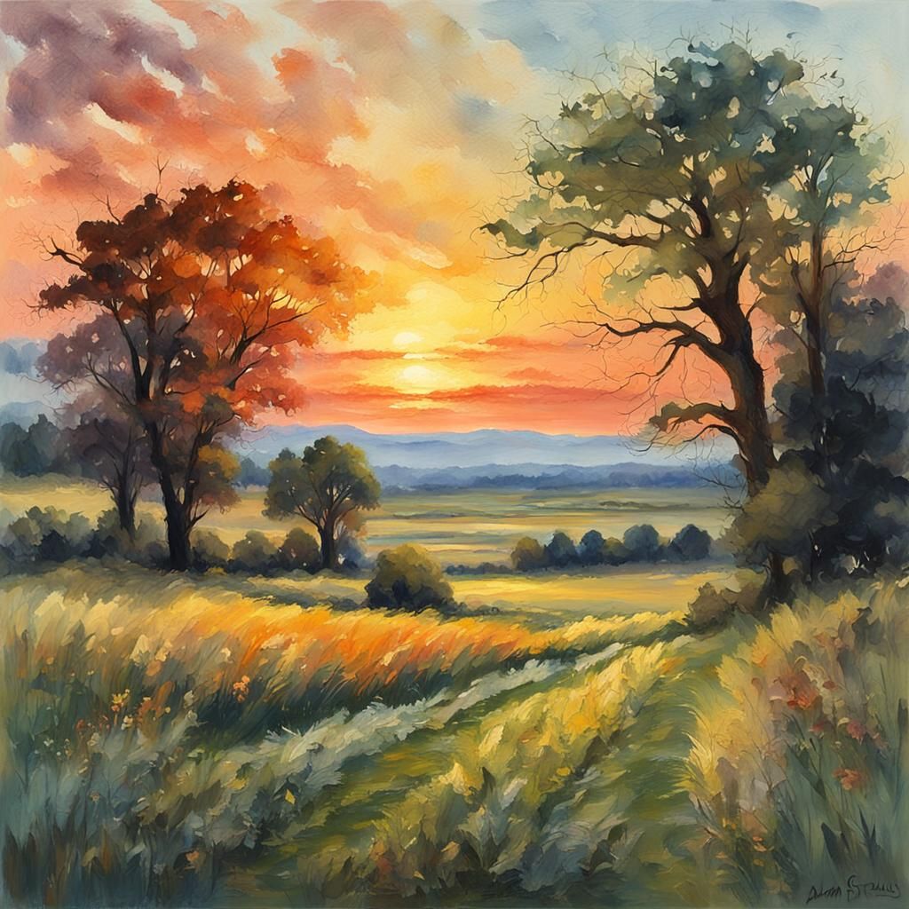 Sunset Pastoral Landscape in Gouache Style