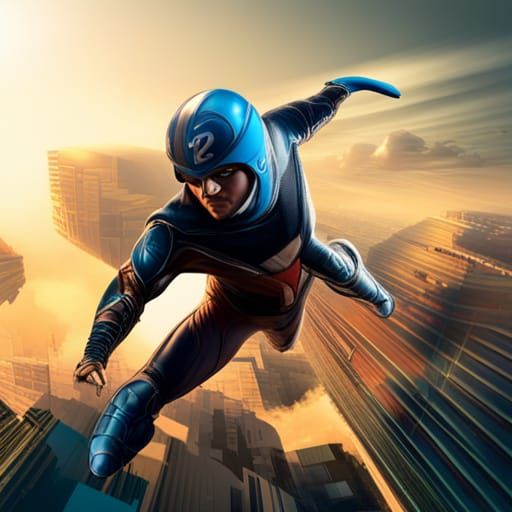 Muscular Superhero Flies Over the City