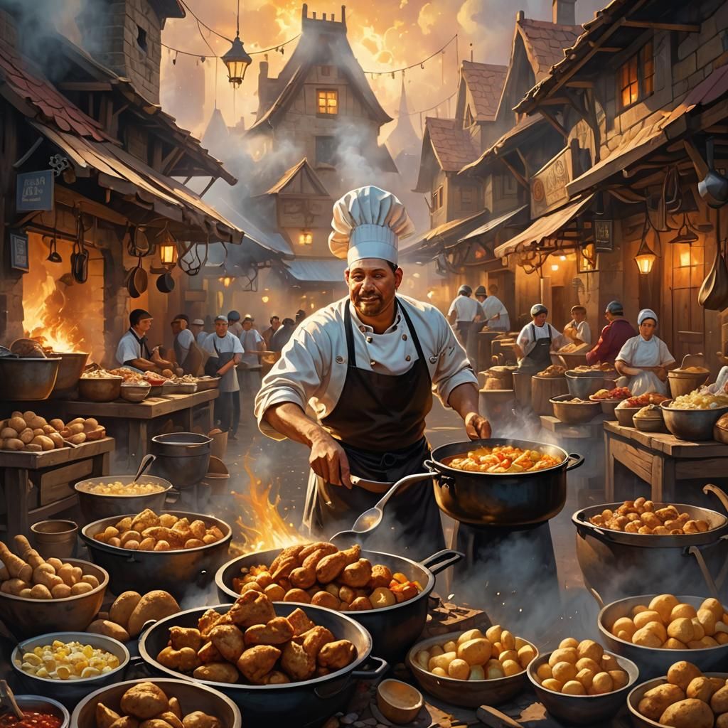 Lively Fantasy Market Scene with Chef: Digital Art