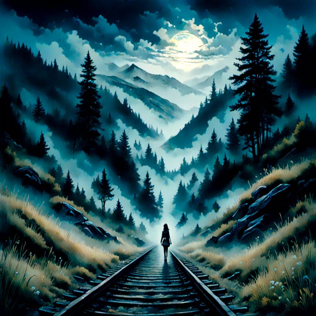Moonlit Railway Through Fog, Watercolor Style