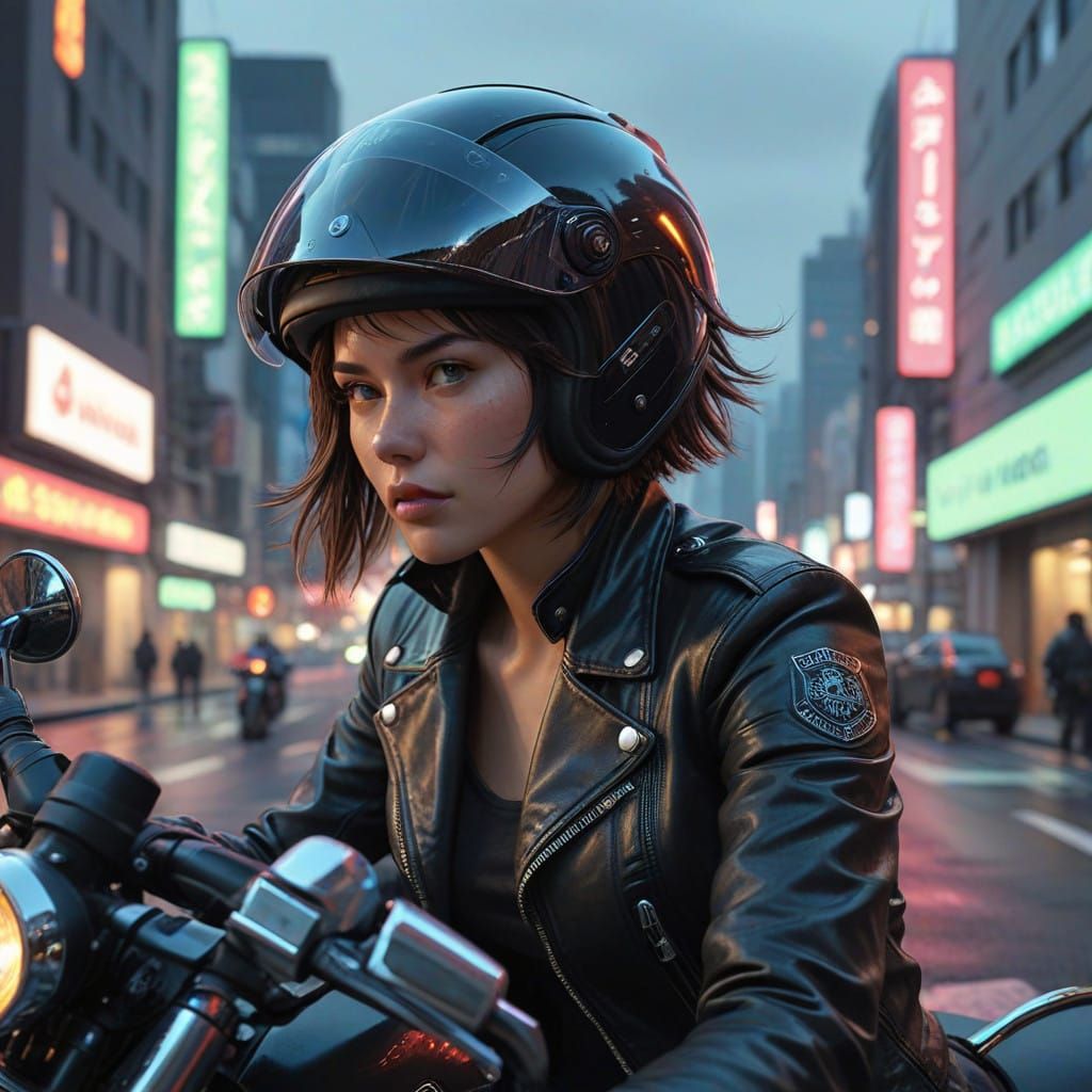 Young Woman Rides High-Tech Motorcycle Through Neon Tokyo St...