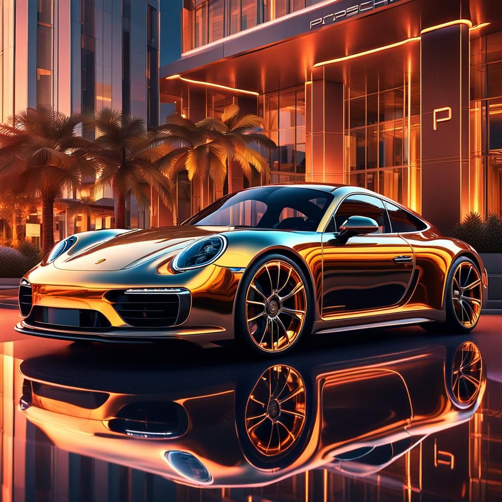 Futuristic Porsche Parked at Luxury Hotel: Digital Art
