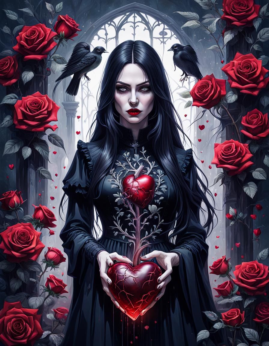 Gothic Woman with Heart and Roses