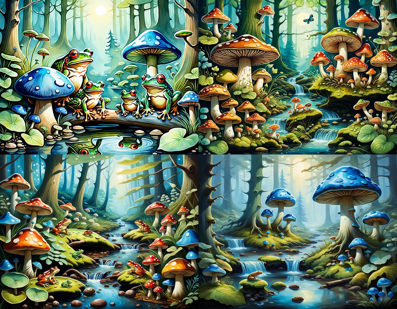 Lively Forest Scene with Blue Mushrooms and Frogs