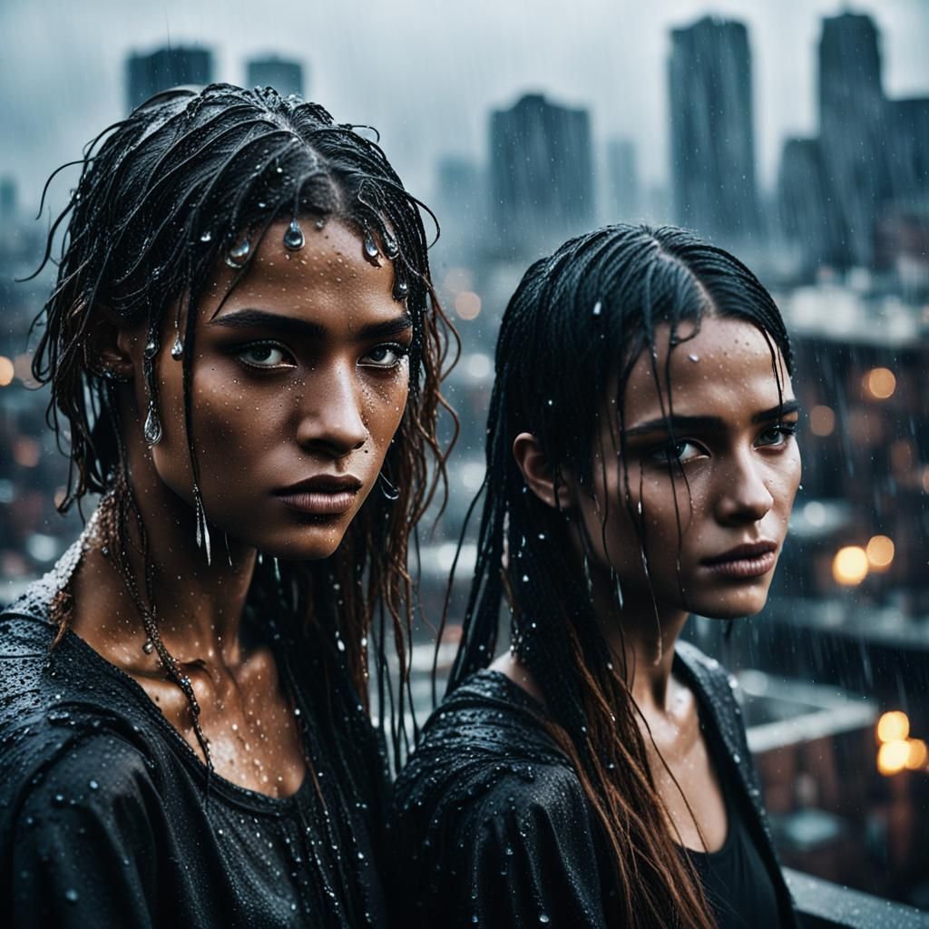 Rooftop Rain: Cinematic Dark Fantasy Fashion Shoot