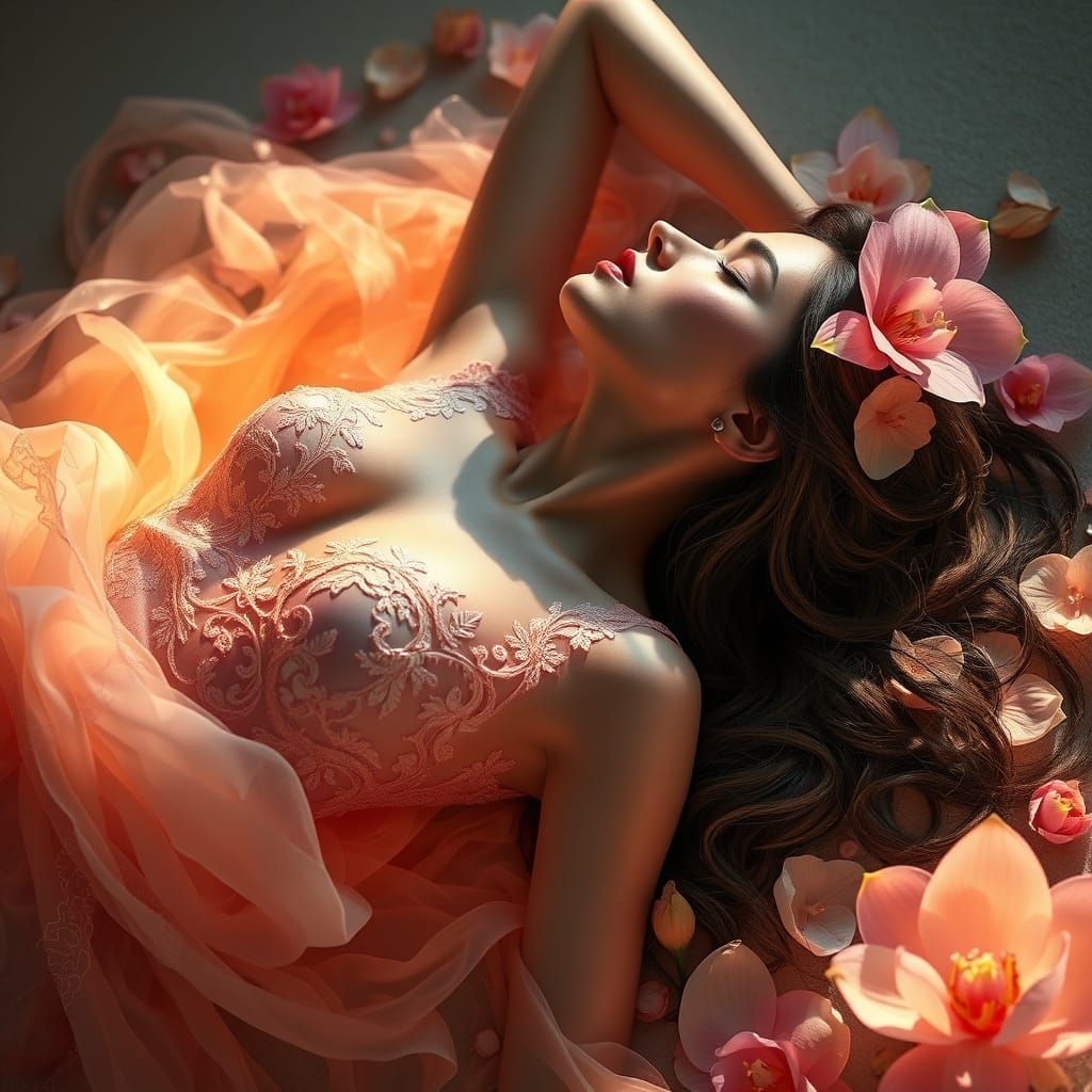 Woman in Lace Dress with Flowers: Hyperrealistic Digital Art